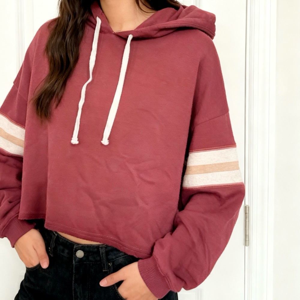 American Eagle Outfitters Maroon Hoodie with Striped Sleeves